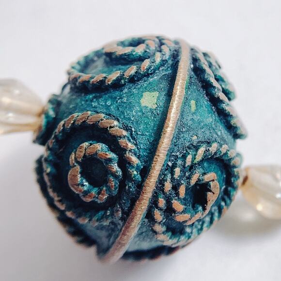 VTG Glass Lampwork Brass Earrings Green Boho Artisan Drop Dangle Ornate Earthy - Picture 7 of 16